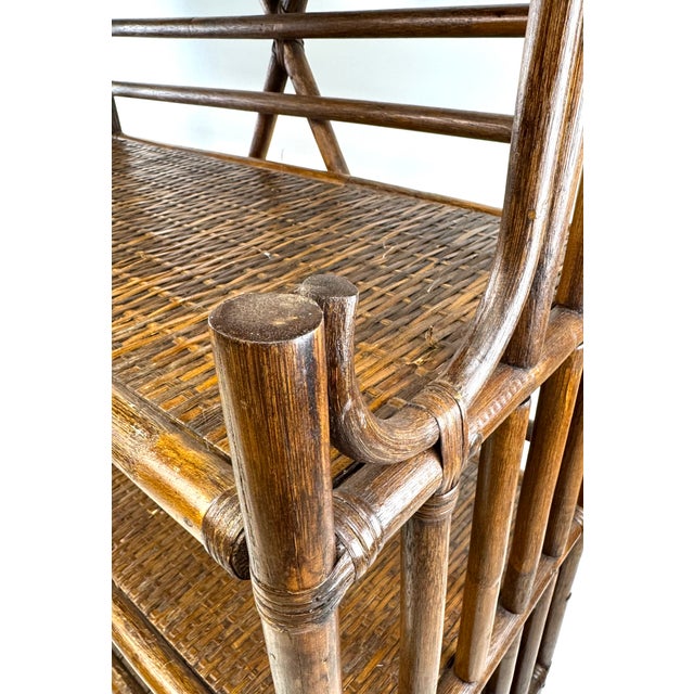 Wood McGuire Style Mid 20th Century Bamboo Étagère With Woven Shelves and Scrollwork For Sale - Image 7 of 14