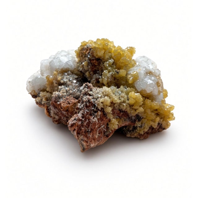Sculptural mineral cluster with saturated yellow crystalline growth intergrown, and milky white crystals on a natural...
