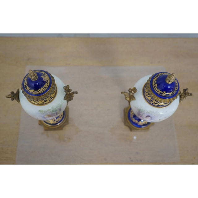 1930s Pair Sevres Vintage Porcelain Decorated Lidded Urns For Sale - Image 5 of 12
