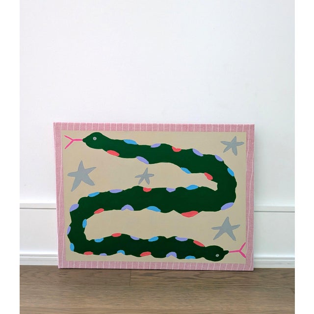 24" x 18" An abstract painting of a two-headed green snake with spots of blue, coral, and lavender on a tan background and...