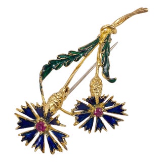 Vintage Italian 18k Gold Ruby & Enamel Floral Brooch – Retro Unisex Lapel Pin For Sale