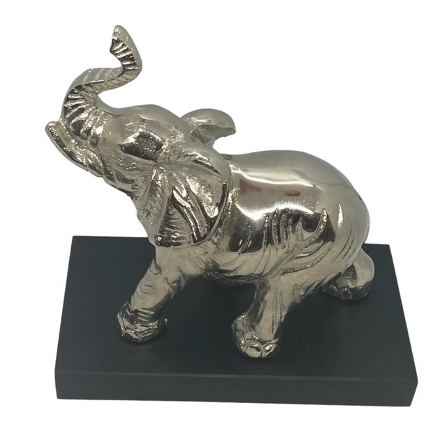 Contemporary Silver Aluminum Metal Elephant Sculpture on Black Wood Plinth - 7" Tall. Add a touch of elegance and...