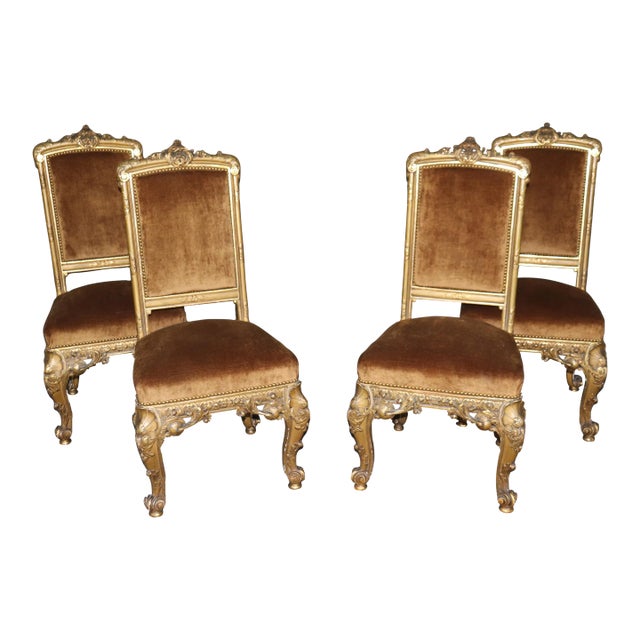 Set of 4 French Carved Gilded Louis XV 19th Century Dining or Side Chairs For Sale