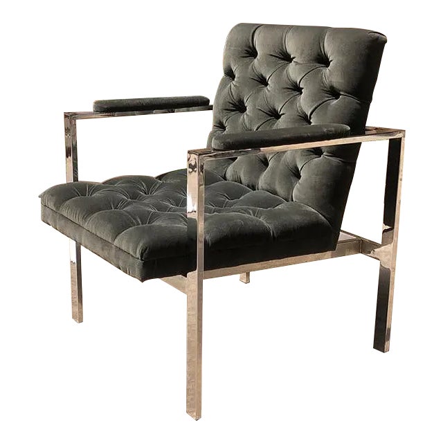 Mid-Century Tufted Gray Armchair With Chrome in the Style of Milo Baughman For Sale