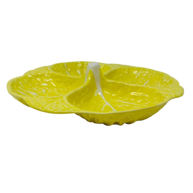 Mid-Century Modern Vintage Attributed to Secla Yellow Cabbage Leaf Majolica Divided Serving Dish For Sale - Image 3 of 11