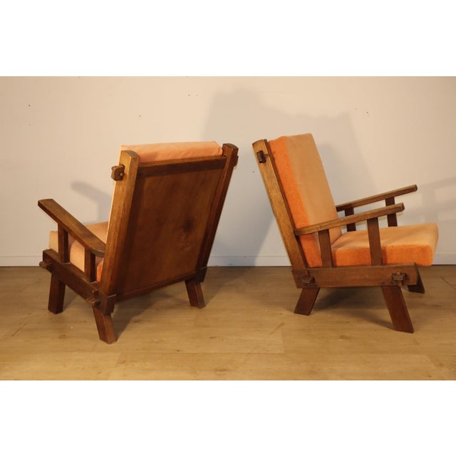 Orange Brutalist Armchairs in Oak and Velvet, 1960s-1970s, Set of 2 For Sale - Image 8 of 18