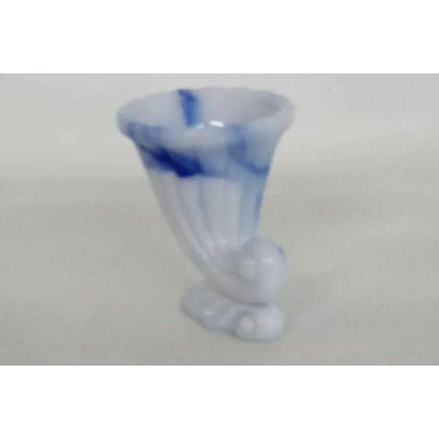 Glass Akro Agate Blue Slag Glass Cornucopia Horn Small Vase Candle Holder For Sale - Image 7 of 11