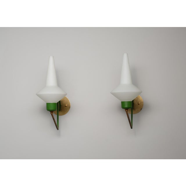 Large Italian Brass and Green‑Lacquered Wall Lamps with Opaline Glass Shades, 1950s, Set of 2 For Sale - Image 6 of 12