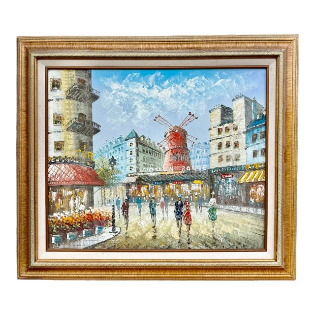 Vintage Paris Cityscape Moulin Rouge Oil Painting, Large Framed 1930s Impressionist Art For Sale