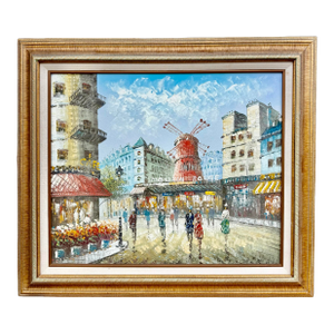 Vintage Paris Cityscape Moulin Rouge Oil Painting, Large Framed 1930s Impressionist Art