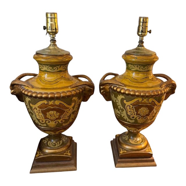Pair of Vintage Italian Ochre Glazed Ceramic Ram’s Head Urn Table Lamps For Sale