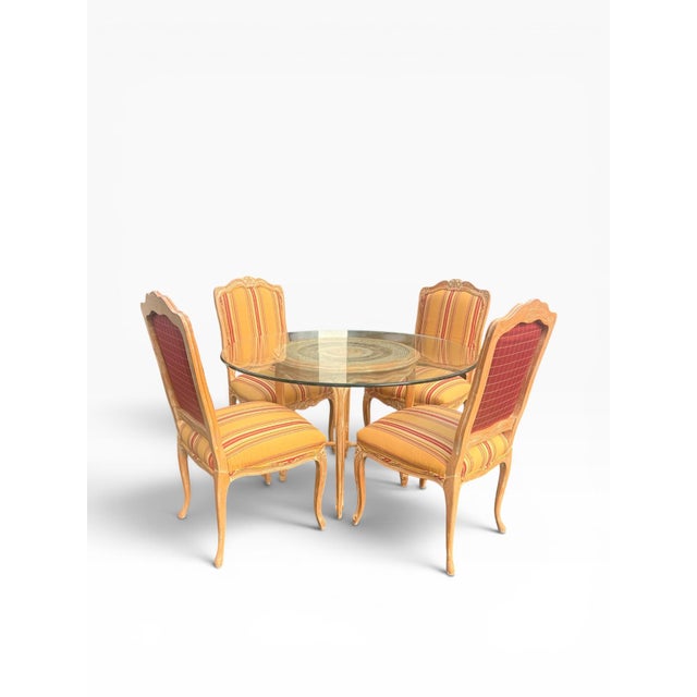 Wood Vintage French Provincial Style 48” Glass-Top Dinette Set With Caned Table Base – Set of 5 For Sale - Image 7 of 10