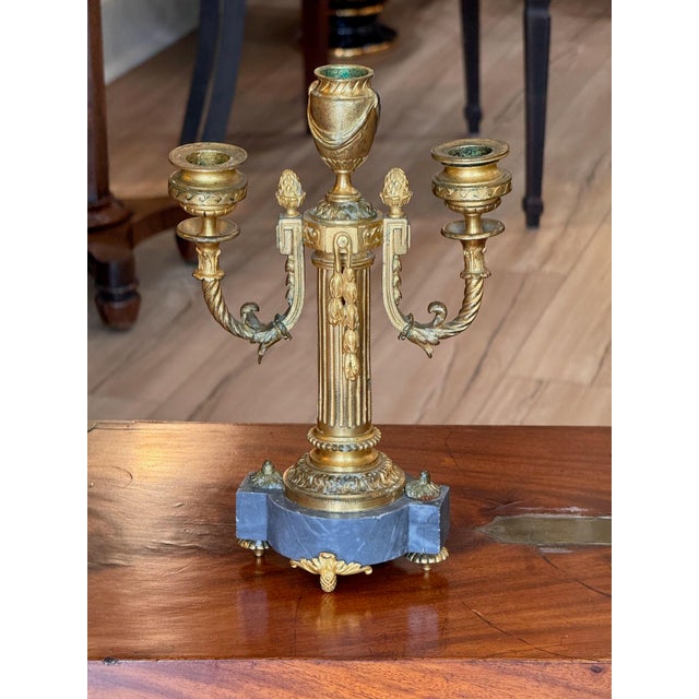 French Pair of Mid 19th Century French Gilt Bronze and Marble Two Light Candelabra For Sale - Image 3 of 8