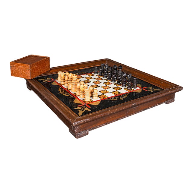 Antique Chess Board Set, English Painted Glass, Pine, Parlour Game, Edwardian For Sale