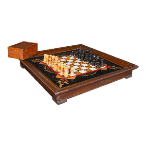 Antique Chess Board Set, English Painted Glass, Pine, Parlour Game, Edwardian