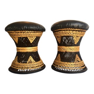 Moroccan Mid Century Woven Wicker-Reed and Leather Stools-A Pair For Sale