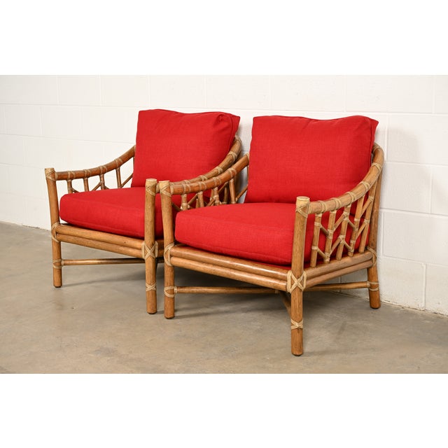 McGuire Mid-Century Hollywood Regency Bamboo Rattan Lounge Chairs, Pair For Sale - Image 12 of 12