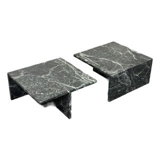 Italian Marble Waterfall Edge Square Side Tables, Pair For Sale