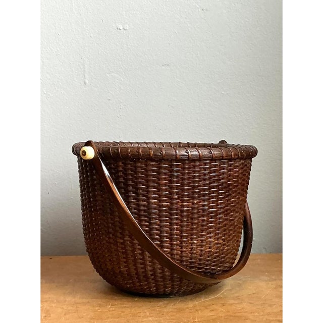 Cinnamon Vintage Woven Rattan Nantucket Basket With Handle For Sale - Image 8 of 12