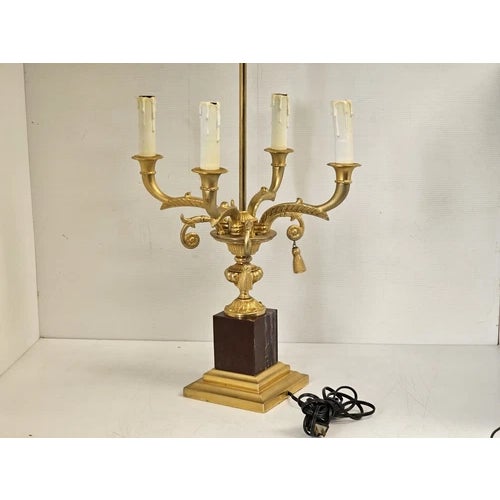 Vintage Laudarte SRL Italy Made Gilt Brass Candelabra Marble Table Lamp For Sale - Image 11 of 16