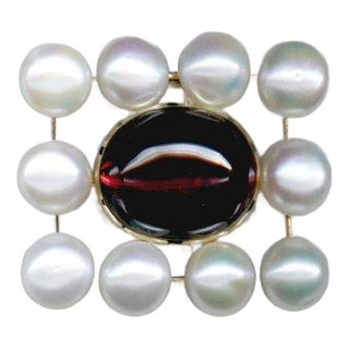 150.4 Ct. Garnet (Rhodolite) Cabochon With 10 Button Freshwater White Pearls in 18k Yellow Gold. For Sale