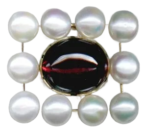 150.4 Ct. Garnet (Rhodolite) Cabochon With 10 Button Freshwater White Pearls in 18k Yellow Gold.