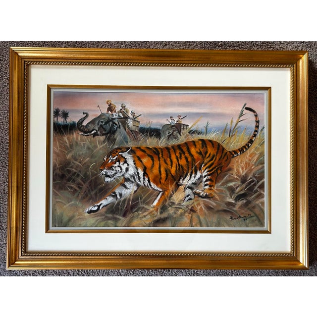 Vintage original large pastel of a tiger being hunted in safari. Very well done with rich intense color. Signed and dated...
