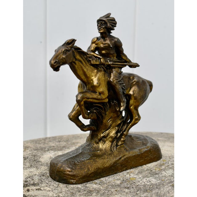 Bronze Vintage Spelter Indian Warrior on a Horse in a Bronze Finish For Sale - Image 8 of 11