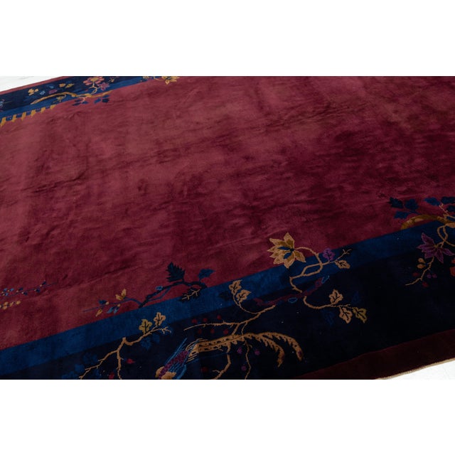 1920s Antique Chinese Art Deco Rug in Deep Burgundy Plum With Floral & Bird Border For Sale - Image 5 of 12