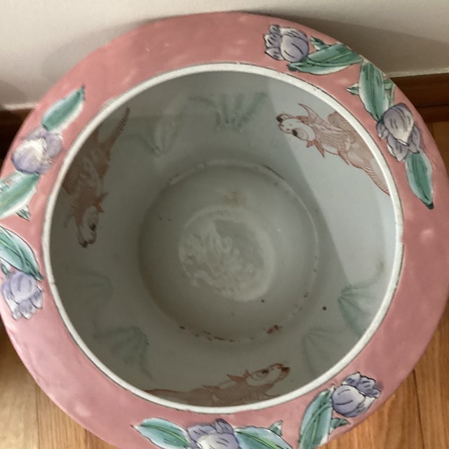 Mid 20th Century Vintage Pair of Chinoiserie Large Porcelain Koi Fish Bowl Planters Floral Motif For Sale - Image 5 of 12