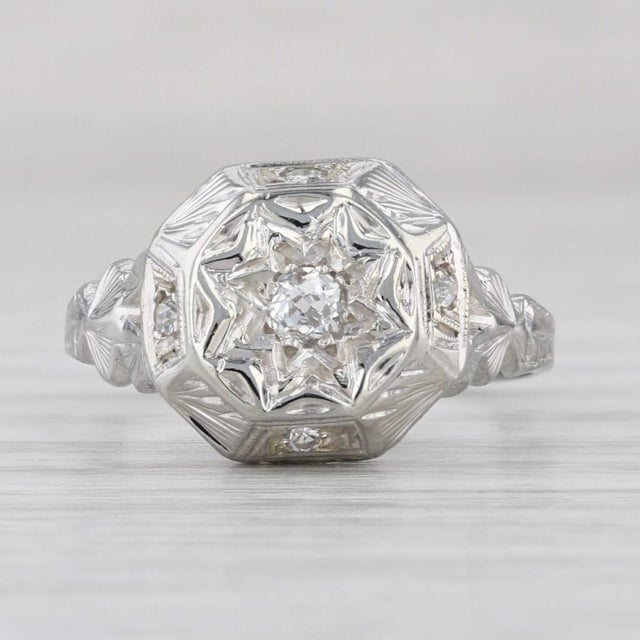 0.18ct Art Deco Diamond Star Ring 18k White Gold Size 7.25 Ornate Hand Finished For Sale - Image 4 of 8