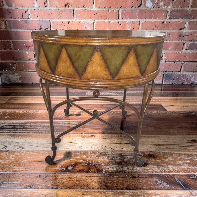 2000 - 2009 Butler Specialty Co. Hand-Painted Tooled Leather & Iron Drum Accent Table For Sale - Image 5 of 9