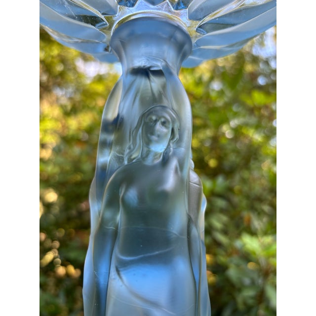 Large Vintage Three Graces Art Deco German Walther & Sohne Blue Frosted Glass Comport For Sale - Image 4 of 12