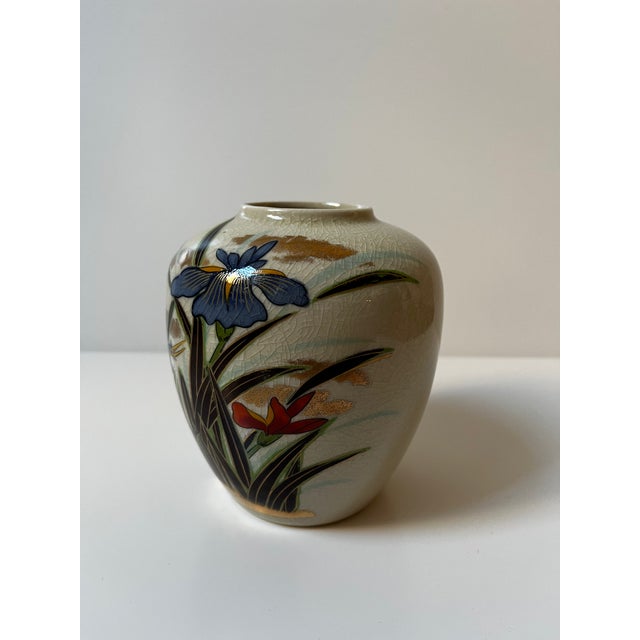 Japanese Ceramic Vase With Iris and Bird For Sale - Image 4 of 11