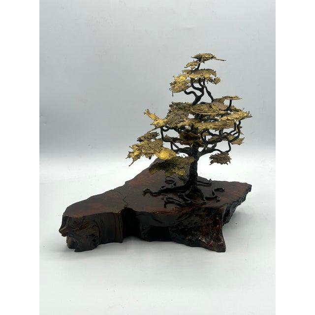 Mid 20th Century Mid-Century Brutalist Gilt Bronze Bonsai Tree Sculpture on Burl Wood Basee For Sale - Image 5 of 18