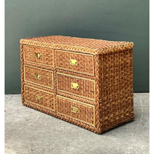 Vintage Braided Rattan Six Drawer Campaign Dresser For Sale - Image 9 of 15