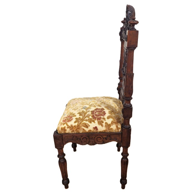 Wood Pair Antique Italian Renaissance Carved Walnut Angels & Griffon Side Chairs For Sale - Image 7 of 18