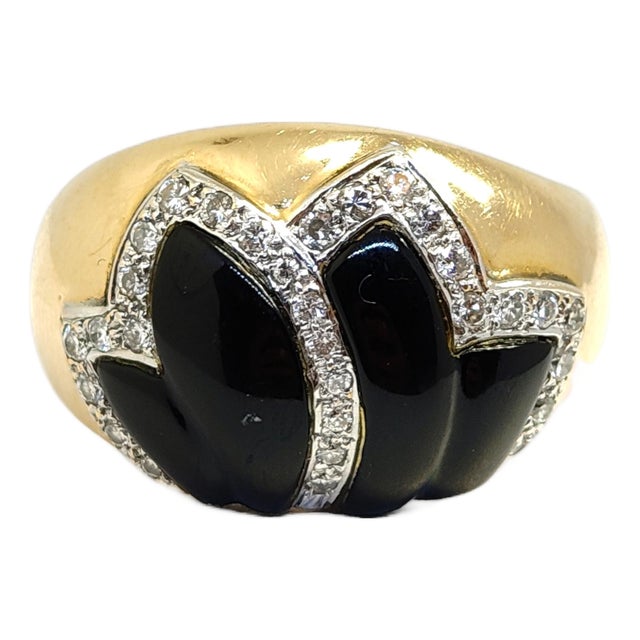 Vintage 14k Gold Onyx & Diamond Foliate Design Ring, Size 6.75 For Sale