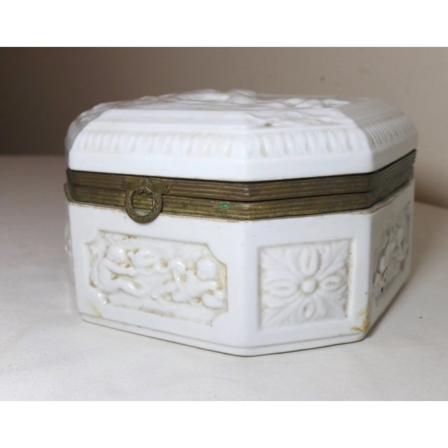19th Century Large Antique Porcelain Figural Dresser Vanity Relief Casket Jewelry Box Jar For Sale - Image 5 of 12