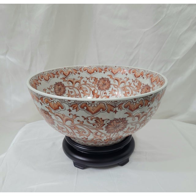 Mid 20th Century Large Chinese Porcelain Floral Burnt Orange Chinoiserie Bowl With Stand For Sale - Image 5 of 9