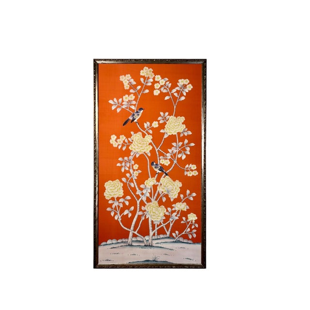 Chinoiserie Chinoiserie Hand-Painted Silk Panel on Dark Orange Silk in Italian Silver Gilt Frame For Sale - Image 3 of 9