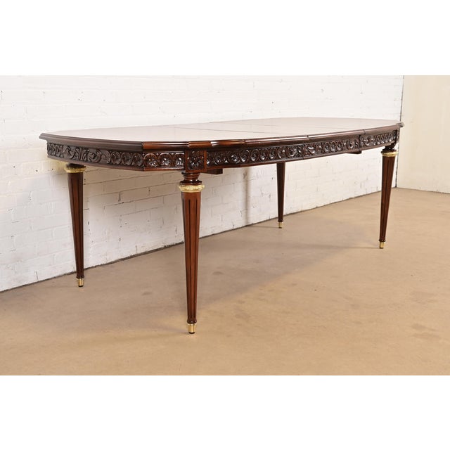 Henredon Henredon Style French Regency Louis XVI Carved Mahogany and Burl Wood Extension Dining Table, Newly Refinished For Sale - Image 4 of 14