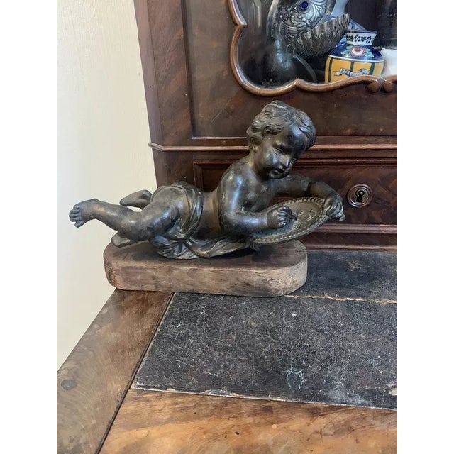 Late 18th Century 18thc French Antique Renaissance Bronze Sculpture "Reclining Cherub Artist" For Sale - Image 5 of 12