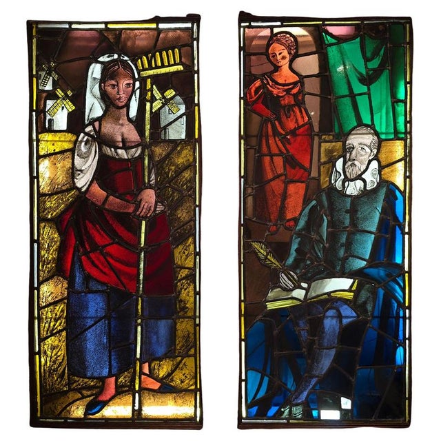 Blue Stained Glass Panels with Don Quixote Motifs, 1860s, Set of 2 For Sale - Image 8 of 8