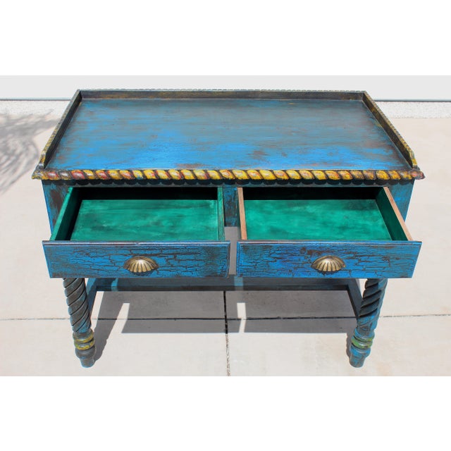 1980s Late 20th Century Spanish Revival Console Table | Hand-Painted Distressed Blue Accent Table | Barley Twist Legs | Two Drawer Sofa Table For Sale - Image 5 of 16