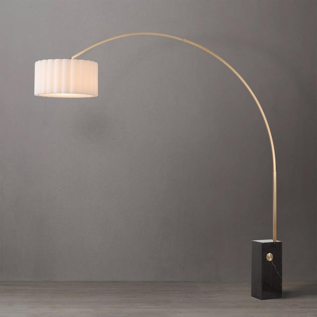 Mid-Century Modern Iconic 95" Arc Floor Lamp - Weathered Brass, Black Marble Base, White Linen Shade For Sale - Image 3 of 7