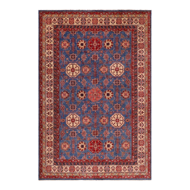 1990s Rustic Super Kazak Light Blue & Tan Wool Rug - 8'1'' X 10'0'' For Sale