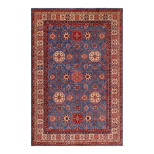 1990s Rustic Super Kazak Light Blue & Tan Wool Rug - 8'1'' X 10'0''