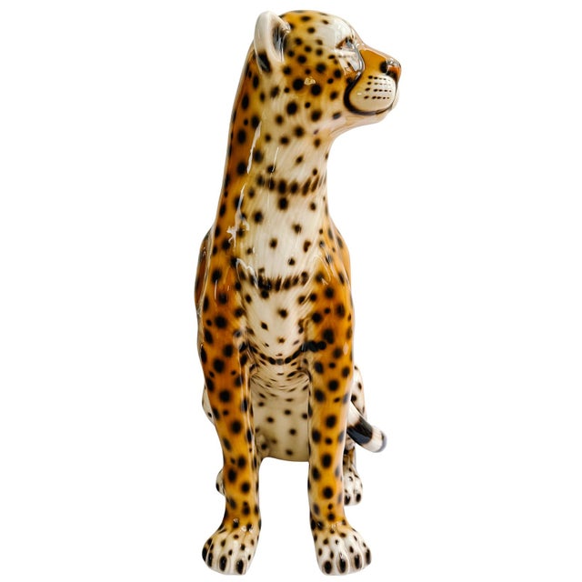Mid-Century Modern Vintage Large Scale Italian Glazed Porcelain Standing Leopard Statue For Sale - Image 3 of 9