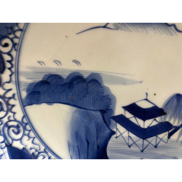 Japanese Late Edo Japanese Arita Blue & White Porcelain Charger, Hand-Painted Landscape, Circa 1820–1850 For Sale - Image 3 of 12